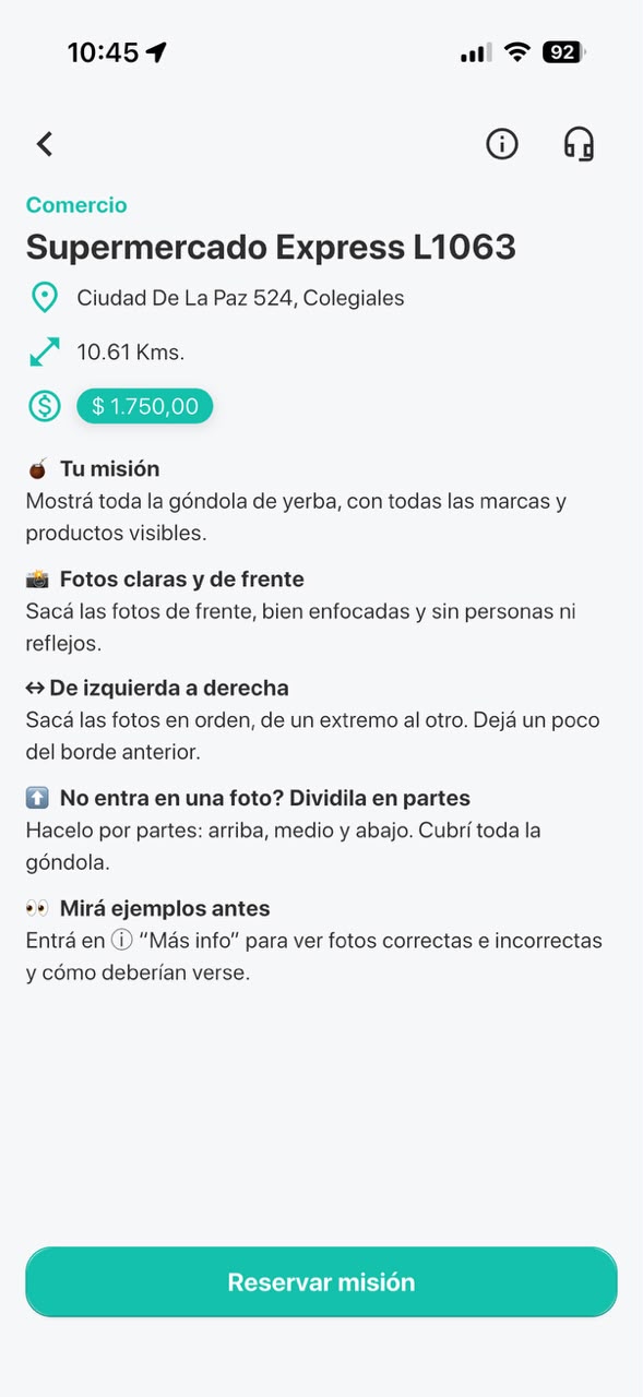 Ficha de una misión en la app de Znapp: el comercio Supermercado Express L1063 en Ciudad De La Paz 524, Colegiales, a 10.61 kilómetros, campaña Yerba Mate, recompensa 1.750 pesos.