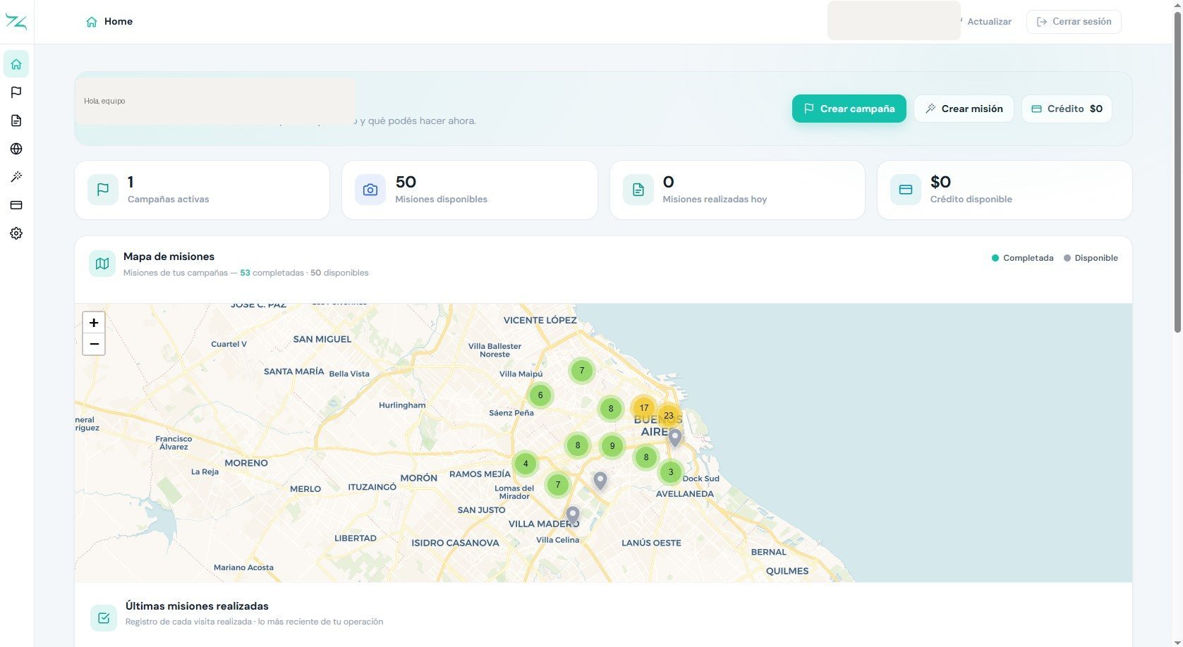 Pantalla principal del dashboard de Znapp, con el mapa de la operación.