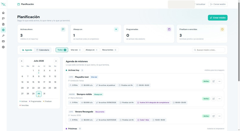 Planificación en el dashboard de Znapp: las tareas activas, las programadas y las que vencen, con su agenda y su calendario.